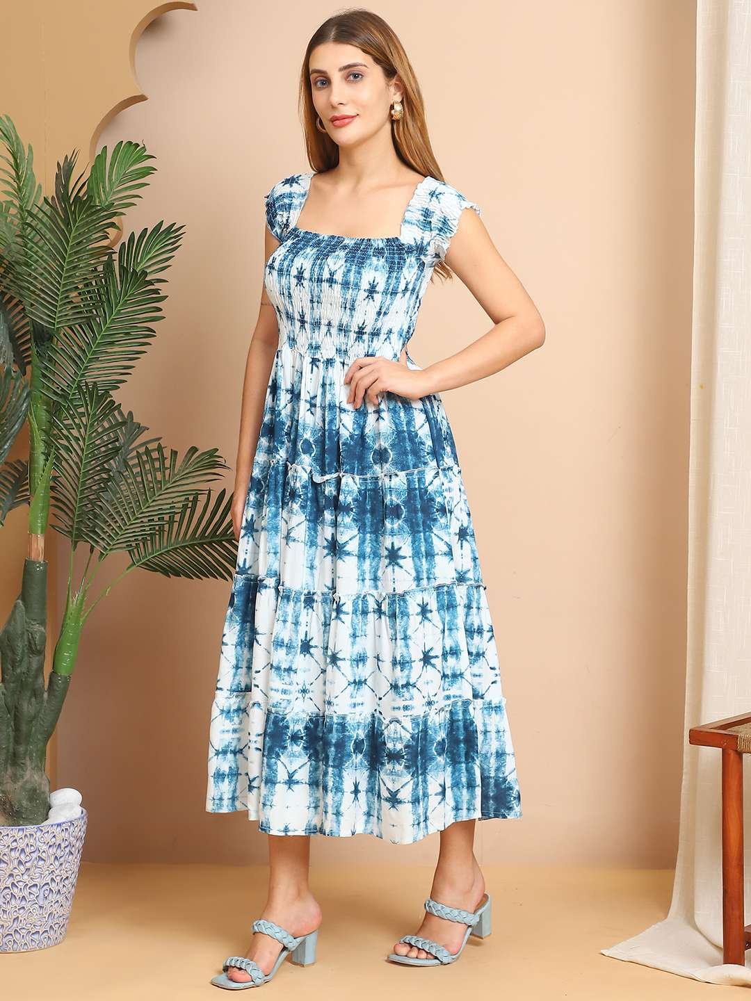 Women's Viscos Rayon Printed Off Shoulder Midi Dress For Summer And Casual Wear (Blue Td)